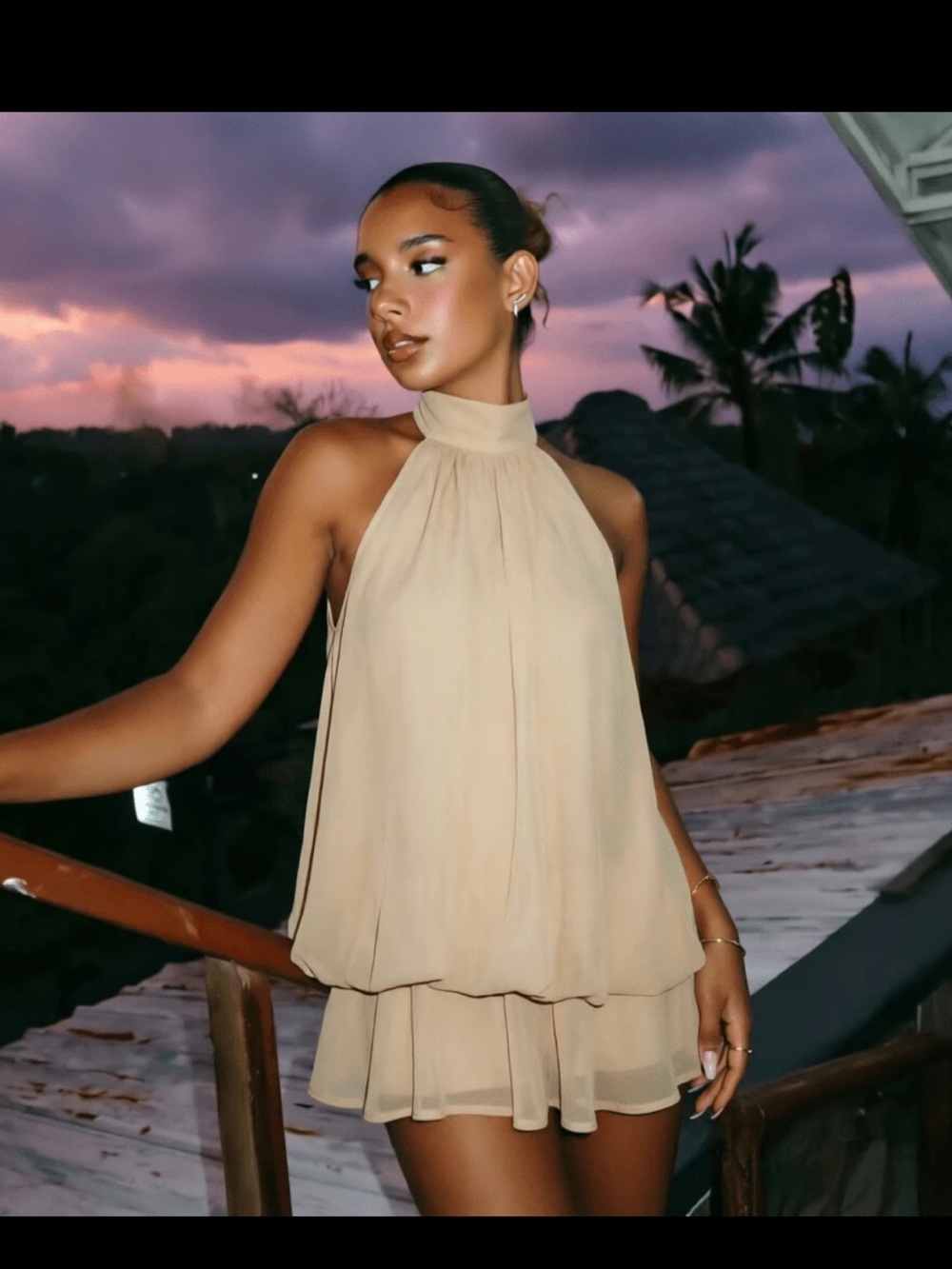 High-Neck Layered Mini Dress in Beige